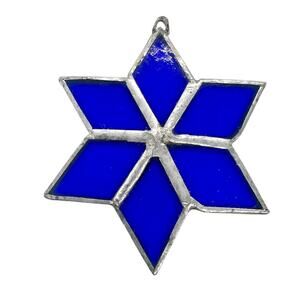 Blue Silver Stained Glass 6 Point Star Snowflake Ornament Suncatcher 4" CL45